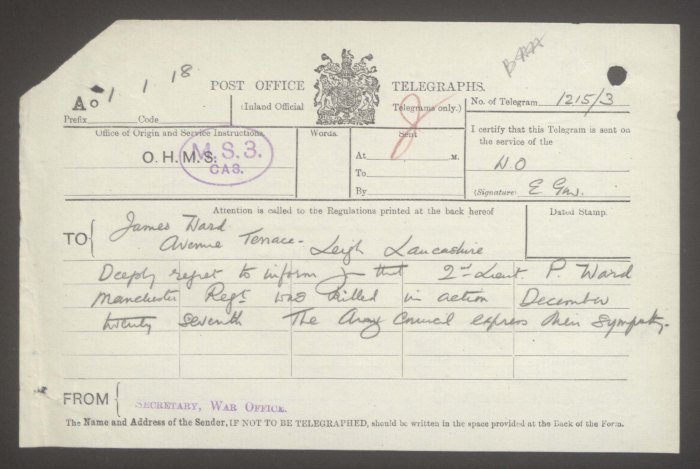 Receipt of telegram informing James and Ellen Ward of Philip's death.